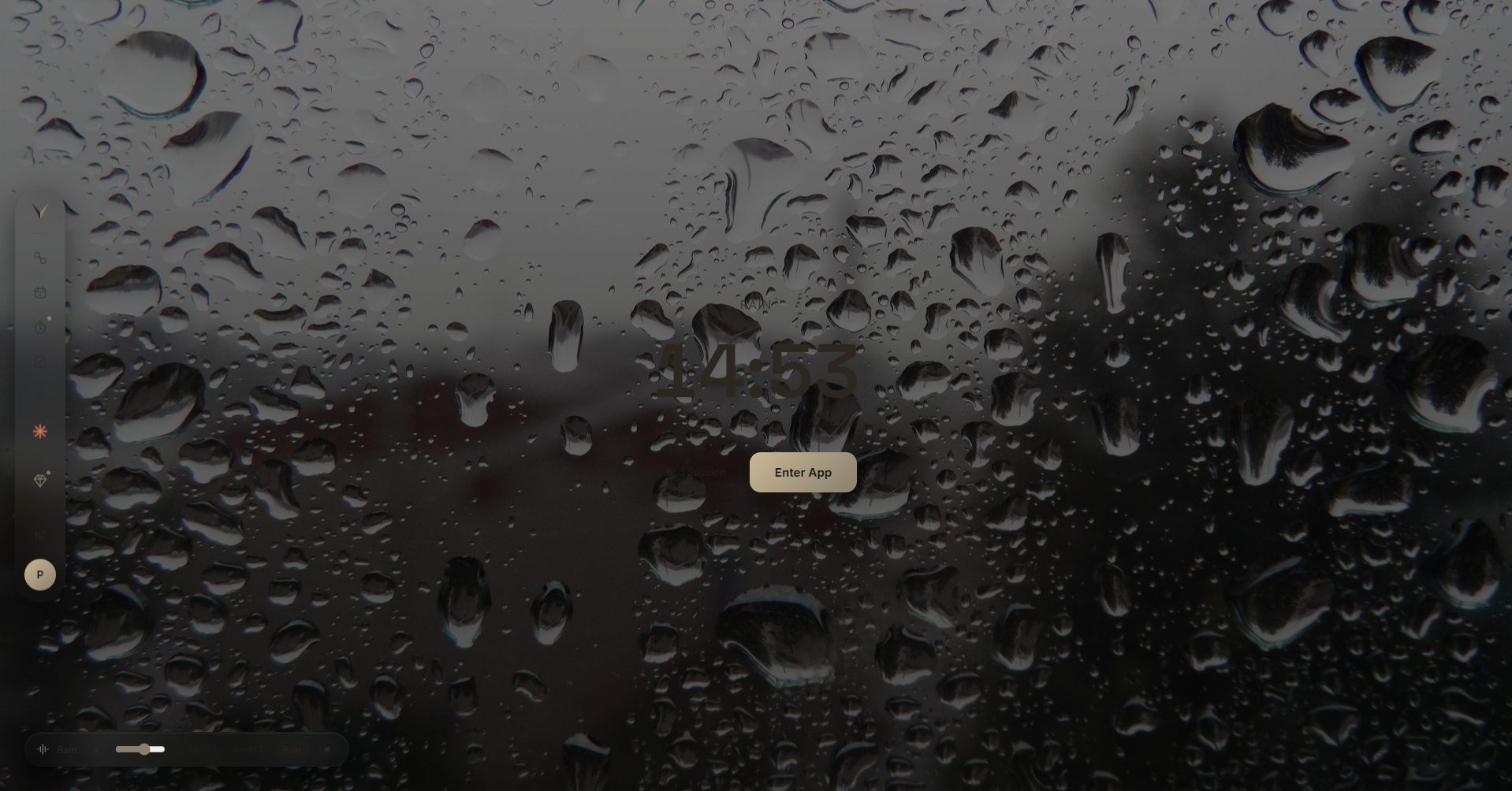 VAEL's ambient focus screen, showing a rain background, a live clock, and an Enter App button