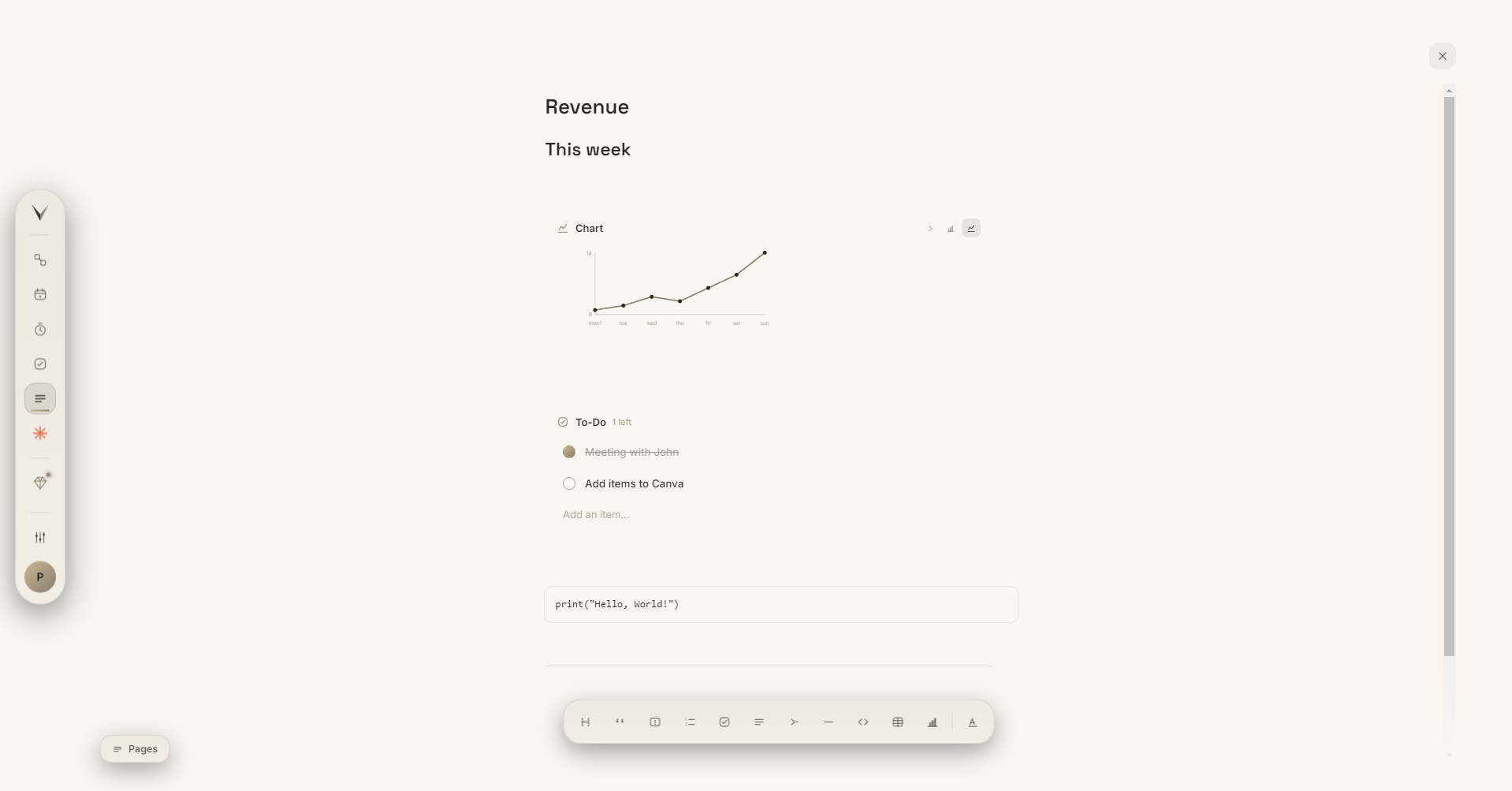 VAEL's Notes page showing a revenue chart, a to-do list, and a code block